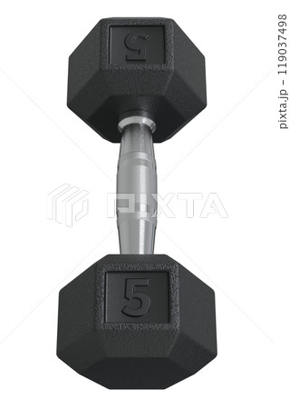 Hex Dumbbell with number 5, weightlifting gym equipment top view 119037498