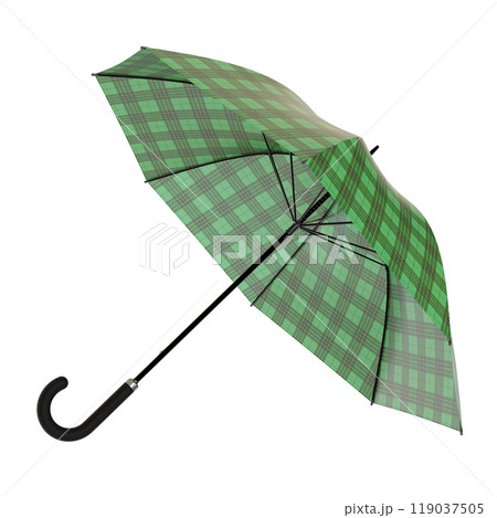 Open green umbrella with checkered plaid pattern, isolated on white background 119037505