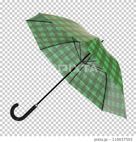 Open green umbrella with checkered plaid pattern, isolated on white background 119037505