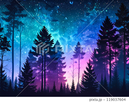 Aurora Borealis northern lights above forest. 119037604