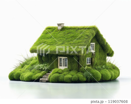 Environmentally friendly housing concept. Miniature house made from moss. 119037608