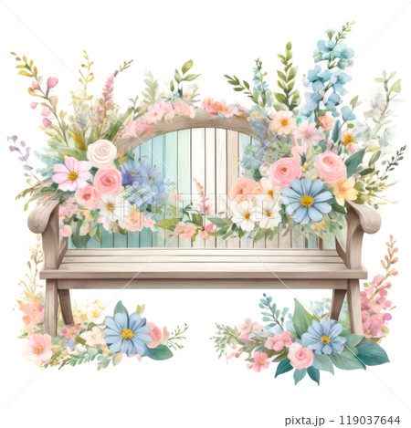 Watercolor painting of the wooden bench surrounded by delicate flowers. 119037644