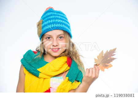 Autumn leisure idea. Girl with maple leaf think about leisure. Autumn to do list. Autumn bucket list for children. Girl cute face wear knitted autumn hat and scarf hold leaves white background Autumn leisure idea. Girl with maple leaf think about leisure. Autumn to do list. Autumn bucket list for children. Girl cute face wear knitted autumn hat and scarf hold leaves white background 119038081