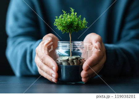 Hands Holding Jar of Coins with Growing Tree 119038201