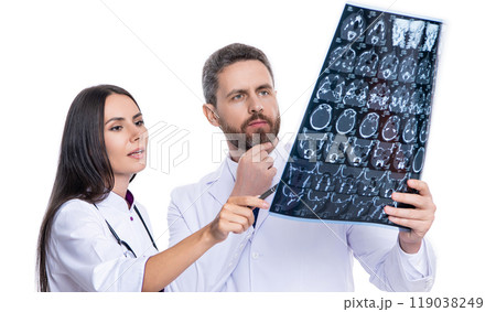 Doctor and Radiologist Discuss Diagnosis with mri scan. doctor give quality healthcare. healthcare and medicine. healthcare with doctor on diagnostic examination in medical clinic Doctor and Radiologist Discuss Diagnosis with mri scan. doctor give quality healthcare. healthcare and medicine. healthcare with doctor on diagnostic examination in medical clinic 119038249
