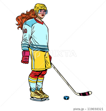 Sportswoman playing ice hockey. Sports competitions and champions in winter. Sale of equipment for New Year and Christmas for ice skating. 119038321