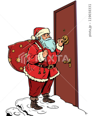 Delivery of gifts on New Year and Christmas. Santa Claus with a bag near the door. Holiday Eve and shopping in winter. 119038331