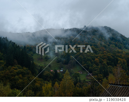 Village Transcarpathia region scenic Carpathian mountains view Ukraine Europe Autumn countryside landscape Lush foliage 119038428