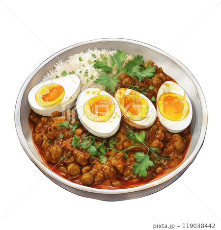 ゆで卵をのせたキーマカレー　AI生成画像 119038442