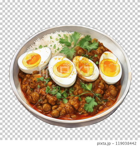 ゆで卵をのせたキーマカレー　AI生成画像 119038442