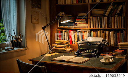 タイプライターのある書斎。淹れたてのコーヒー。心地よい空間。 タイプライターのある書斎。淹れたてのコーヒー。心地よい空間。 119038449