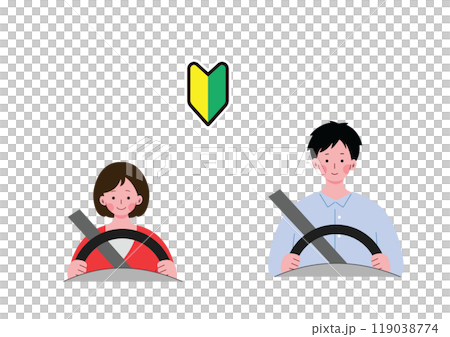 車を運転する若い初心者ドライバーの男女 車を運転する若い初心者ドライバーの男女 119038774