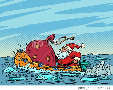 Delivery of gifts for New Year and Christmas from abroad. Banner for advertising business in winter. Santa Claus carries a sack of gifts on a boat. Delivery of gifts for New Year and Christmas from abroad. Banner for advertising business in winter. Santa Claus carries a sack of gifts on a boat. 119038953
