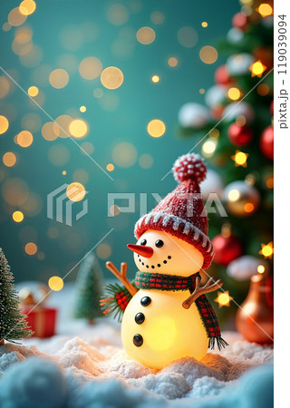 Snowman with a scarf and hat on a Christmas tree. 119039094