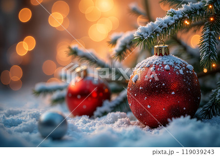 Snow covered pine tree with ornaments. 119039243