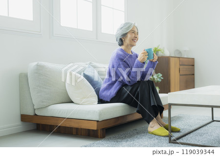 リビングでくつろぐニットのシニア女性 リビングでくつろぐニットのシニア女性 119039344