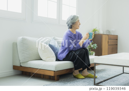 リビングでくつろぐニットのシニア女性　　　 119039346