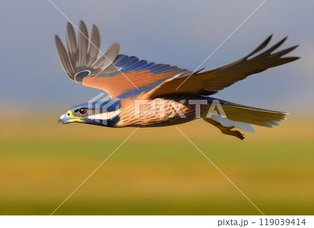 Flying (Falco tinnunculus) hunting in a shaking flight, Oldenburger Muensterland, Vechta, Lower Saxony, Germany, Europe 119039414