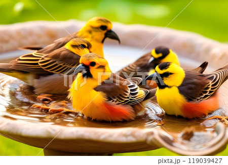 Birds bathing together at a bird bath Birds bathing together at a bird bath 119039427