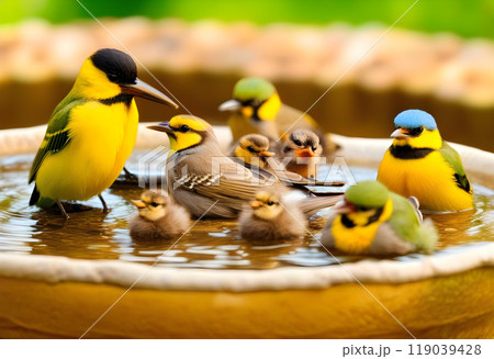 Birds bathing together at a bird bath 119039428