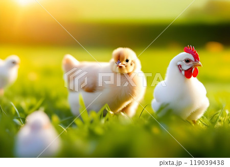 Chicken, farming and agriculture on grass, field or outdoor for free range eating, organic or sustainable farm. 119039438