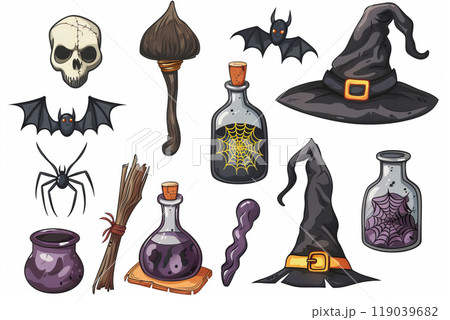 Watercolor halloween spooky items on white background Watercolor halloween spooky items on white background 119039682