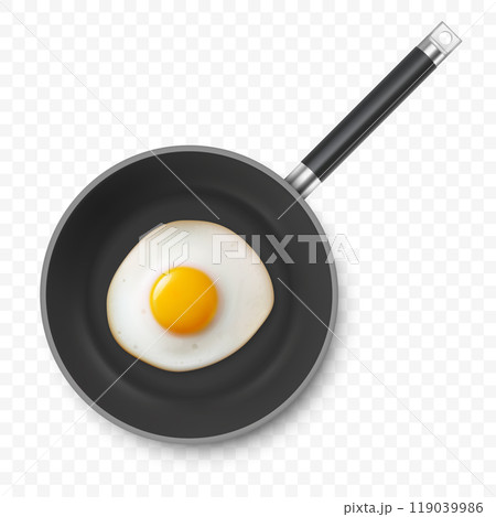 Vector 3d Realistic Fried Egg in the Black Frying Pan, Closeup Isolated, Top View. Design Template of Scrambled Eggs, Fried Egg, Omelette. Delicious Breakfast, Food, Culinary Concept Vector 3d Realistic Fried Egg in the Black Frying Pan, Closeup Isolated, Top View. Design Template of Scrambled Eggs, Fried Egg, Omelette. Delicious Breakfast, Food, Culinary Concept 119039986