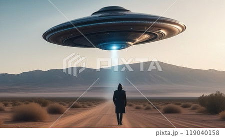 Solitary figure and ufo in desert landscape at sunset Solitary figure and ufo in desert landscape at sunset 119040158
