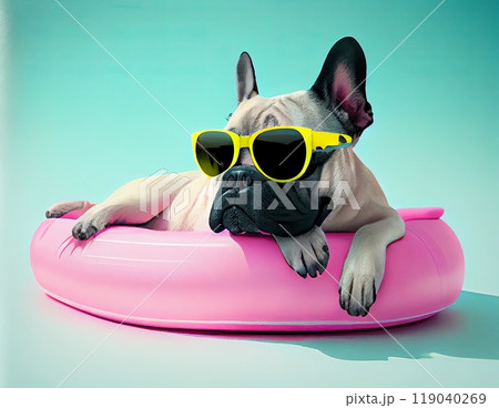 A stylish white French bulldog in sunglasses lie in a pink inflatable circle 119040269