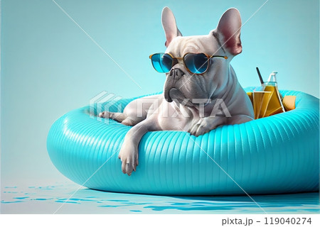 A stylish white French bulldog in blue sunglasses swims in a blue inflatable circle 119040274