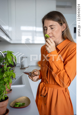 Woman enjoying smelling fresh basil herb grown on kitchen at home. Eco organic products for cuisine Woman enjoying smelling fresh basil herb grown on kitchen at home. Eco organic products for cuisine 119040654