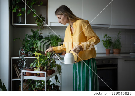 Female growing houseplants at home checking soil dryness, watering potted houseplants with water can Female growing houseplants at home checking soil dryness, watering potted houseplants with water can 119040829