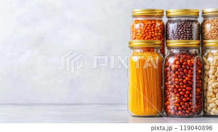 Jars of Colorful Grains and Pasta Against a Neutral Background, AI Jars of Colorful Grains and Pasta Against a Neutral Background, AI 119040896