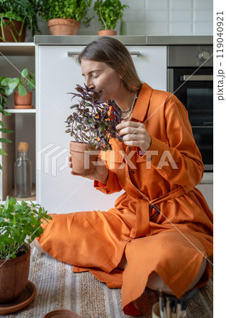Swedish woman smelling purple basil plant growing it on kitchen at home for eating. Indoor gardening 119040921