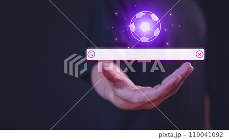 Male hand showing the internet search bar. SEO technology networking engine optimization internet with search bar. Searching browsing internet data information for Football live program concept. 119041092