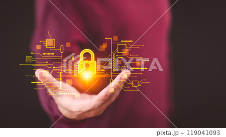 Customer actively ensures the protection of personal data on virtual screen, enhancing cyber resilience. Cybersecurity and privacy concept to protect data. 119041093