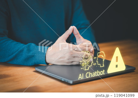 Chat with AI, Artificial Intelligence. User male using laptop chatting with a smart AI using an artificial intelligence chatbot with triangle caution warning sign for notification error concept. 119041099
