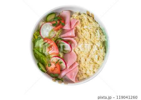 Scrambled eggs with ham and fresh salad in white plate on white background 119041260