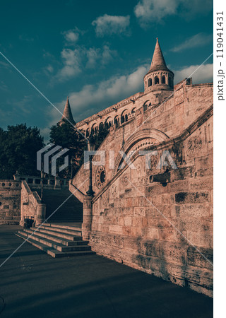 vintage photo View on the Old Fishermen Bastion in Budapest at morning time vintage photo View on the Old Fishermen Bastion in Budapest at morning time 119041431