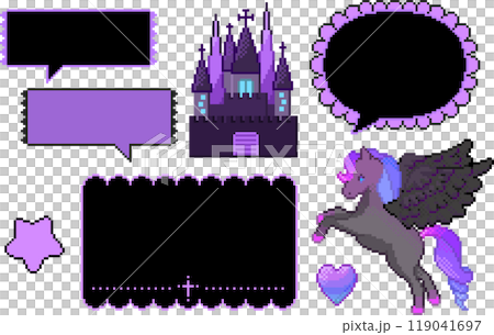 A collection of Pegasus, witch's castle, speech bubbles, and frames with a dark atmosphere drawn with pixel art. 119041697