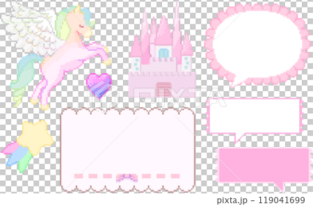 懷舊像素藝術，帶有柔和色彩的飛馬座、語音氣泡和框架材料 119041699