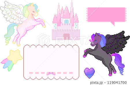 Pixel Artで描かれたかわいいペガサスとダークな雰囲気のペガサス、吹き出し、フレーム素材 119041700