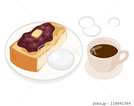 モーニングのイラスト ホットコーヒーと小倉トーストとゆで卵 モーニングのイラスト ホットコーヒーと小倉トーストとゆで卵 119041764