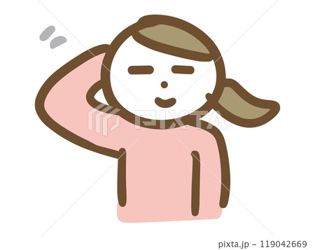 笑顔で頭をポリポリかいている私服の若い女性(上半身・正面) 笑顔で頭をポリポリかいている私服の若い女性(上半身・正面) 119042669