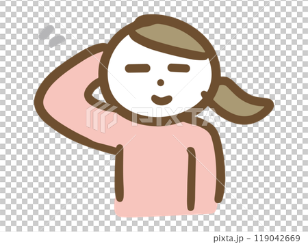 笑顔で頭をポリポリかいている私服の若い女性(上半身・正面) 笑顔で頭をポリポリかいている私服の若い女性(上半身・正面) 119042669