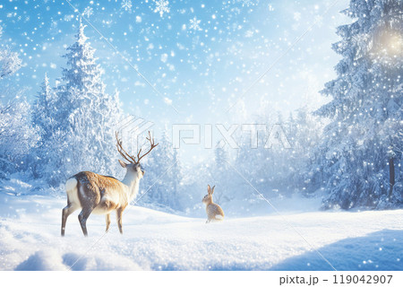 Charming winter wonderland with reindeer and rabbit playing in freshly fallen snow 119042907