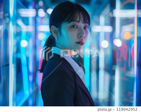 近未来的なオフィスで働く若い女性 119042952