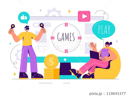 Video Games Vector Illustration with Programmers Playing Gamepad Controllers in Console Fights on Android, Mobile, and Computer in a Flat Background 119043377