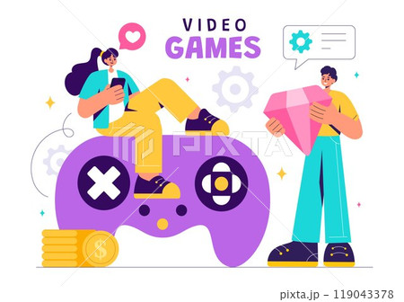 Video Games Vector Illustration with Programmers Playing Gamepad Controllers in Console Fights on Android, Mobile, and Computer in a Flat Background 119043378