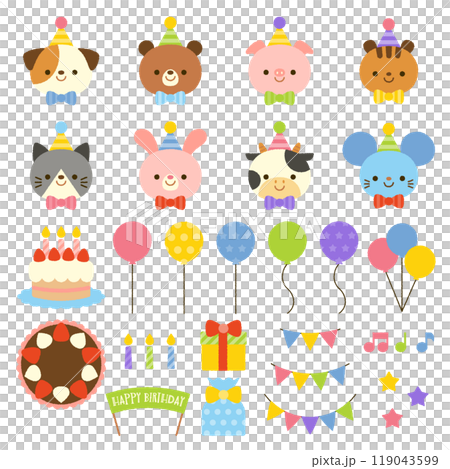Set of cute animal faces and design elements for birthday parties Set of cute animal faces and design elements for birthday parties 119043599